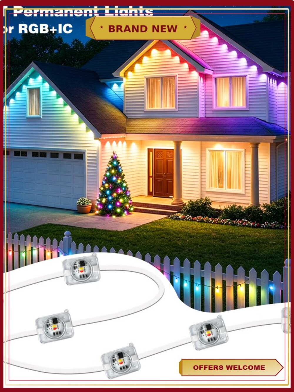 500FT Waterproof Permanent Outdoor Eave Lights Smart IC Color Changing String - Picture 1 of 6